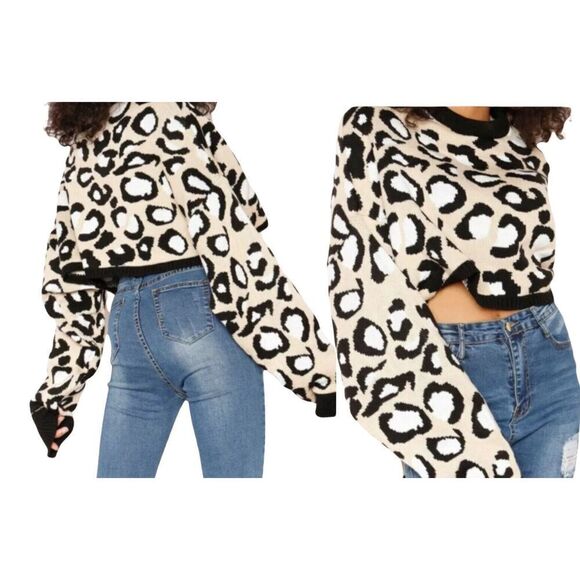 NAA NAA Women’s Oversized Sweater Pullover Crop Leopard/Animal Print Size‎ S/M - Picture 1 of 12